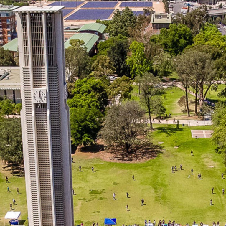 UCR campus and bell tower, aerial view